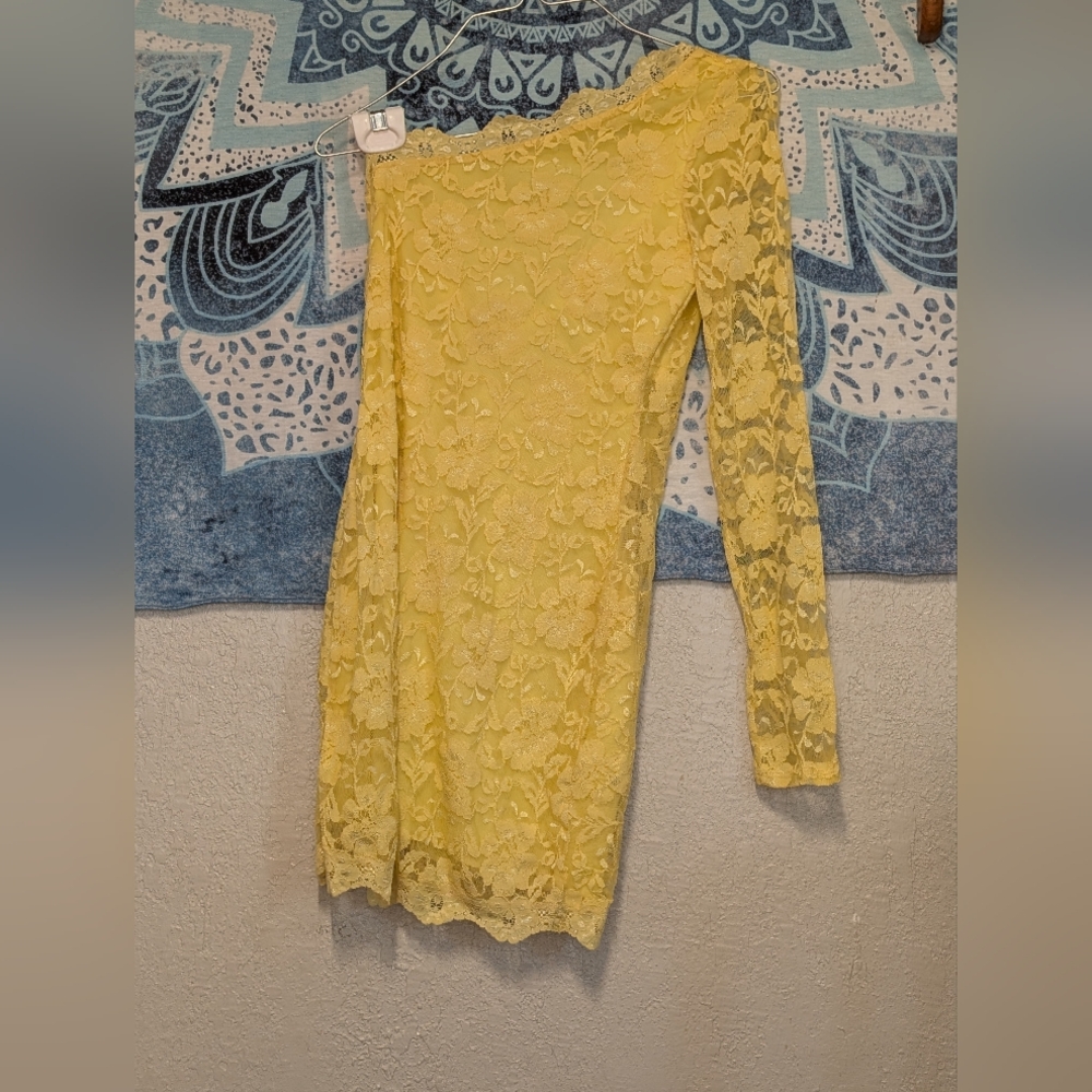 Y2K 2000s Lace One-Shoulder Mini Dress M Yellow Festival Baddie Whimsy Fairy